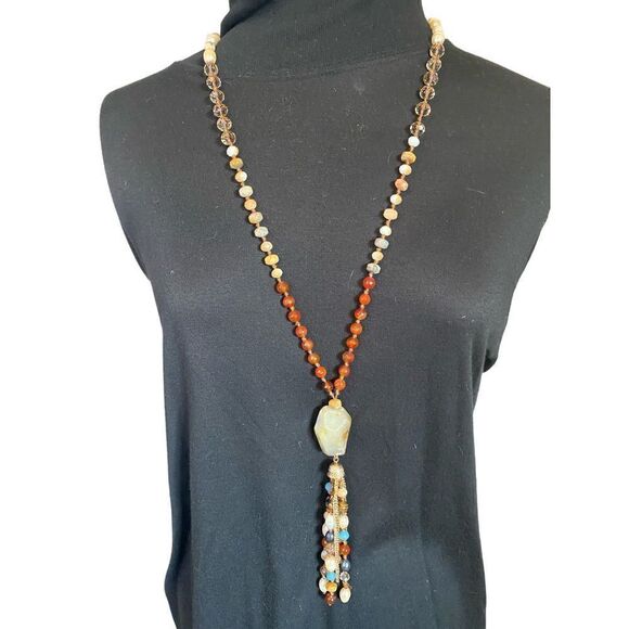 Glass beaded natural necklace with tassels - Picture 1 of 7